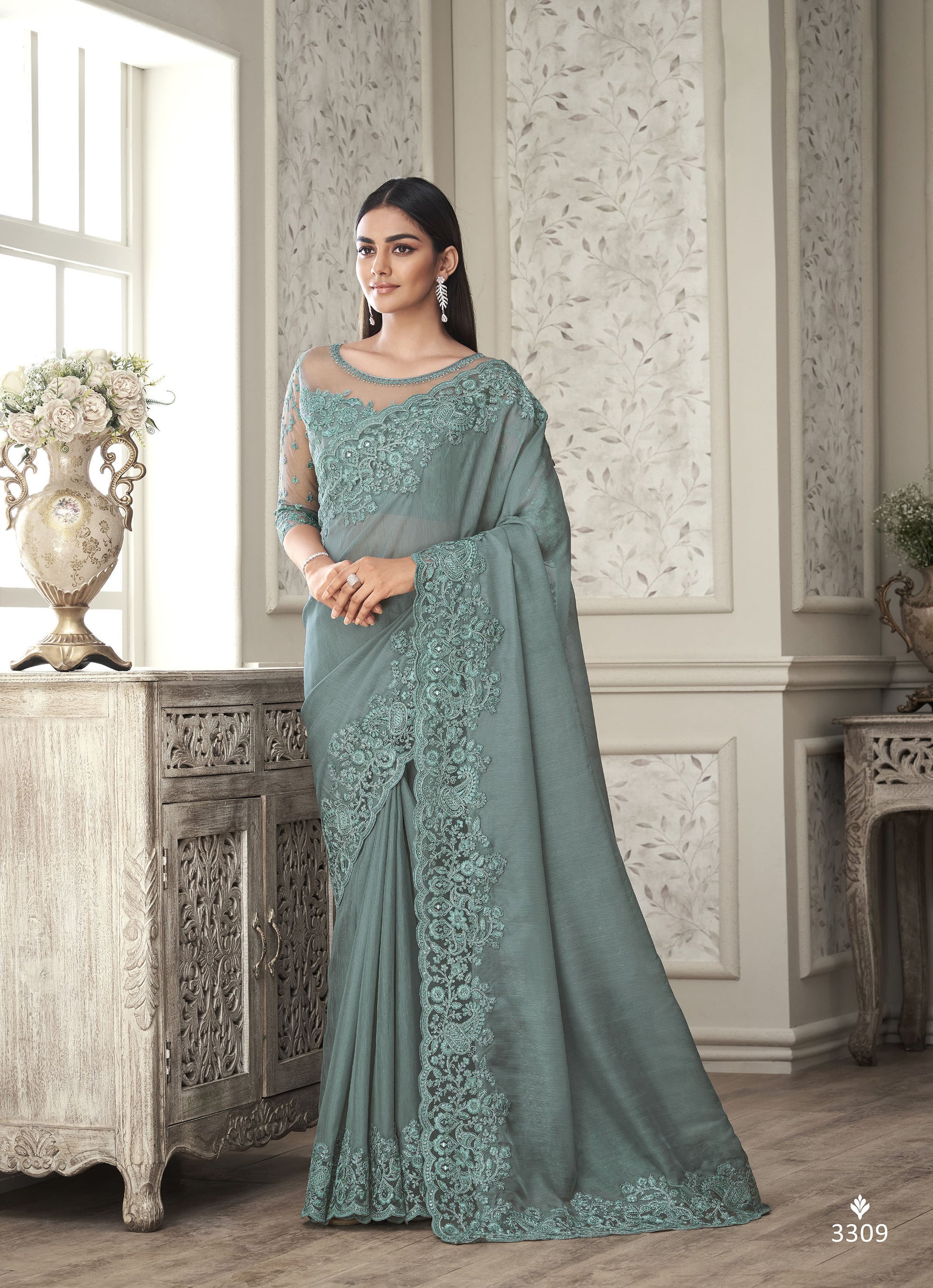 Sea Green Color Resham Embroidered Satin Silk Saree