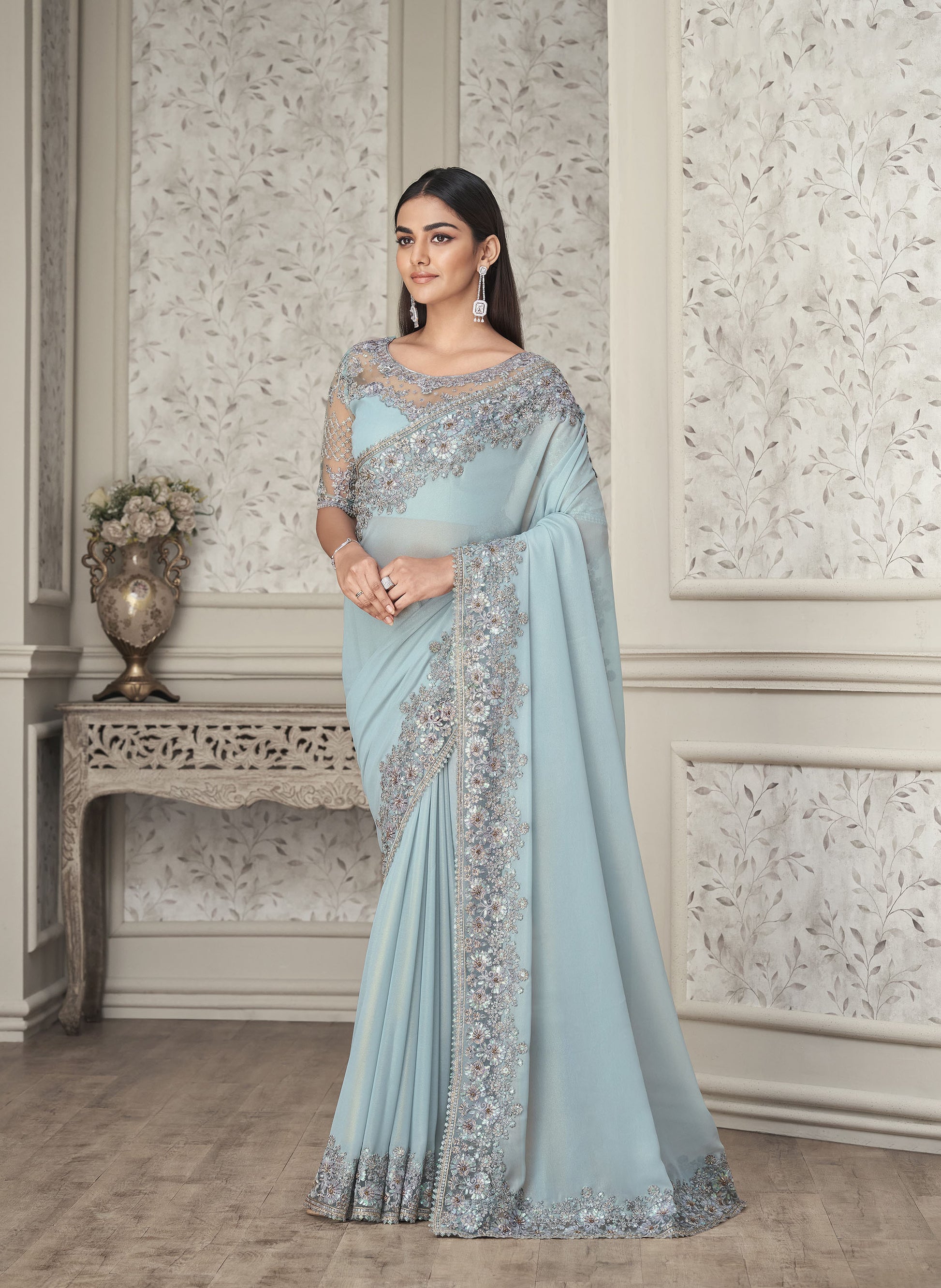 Aqua Blue Color Resham Embroidered Satin Silk Saree