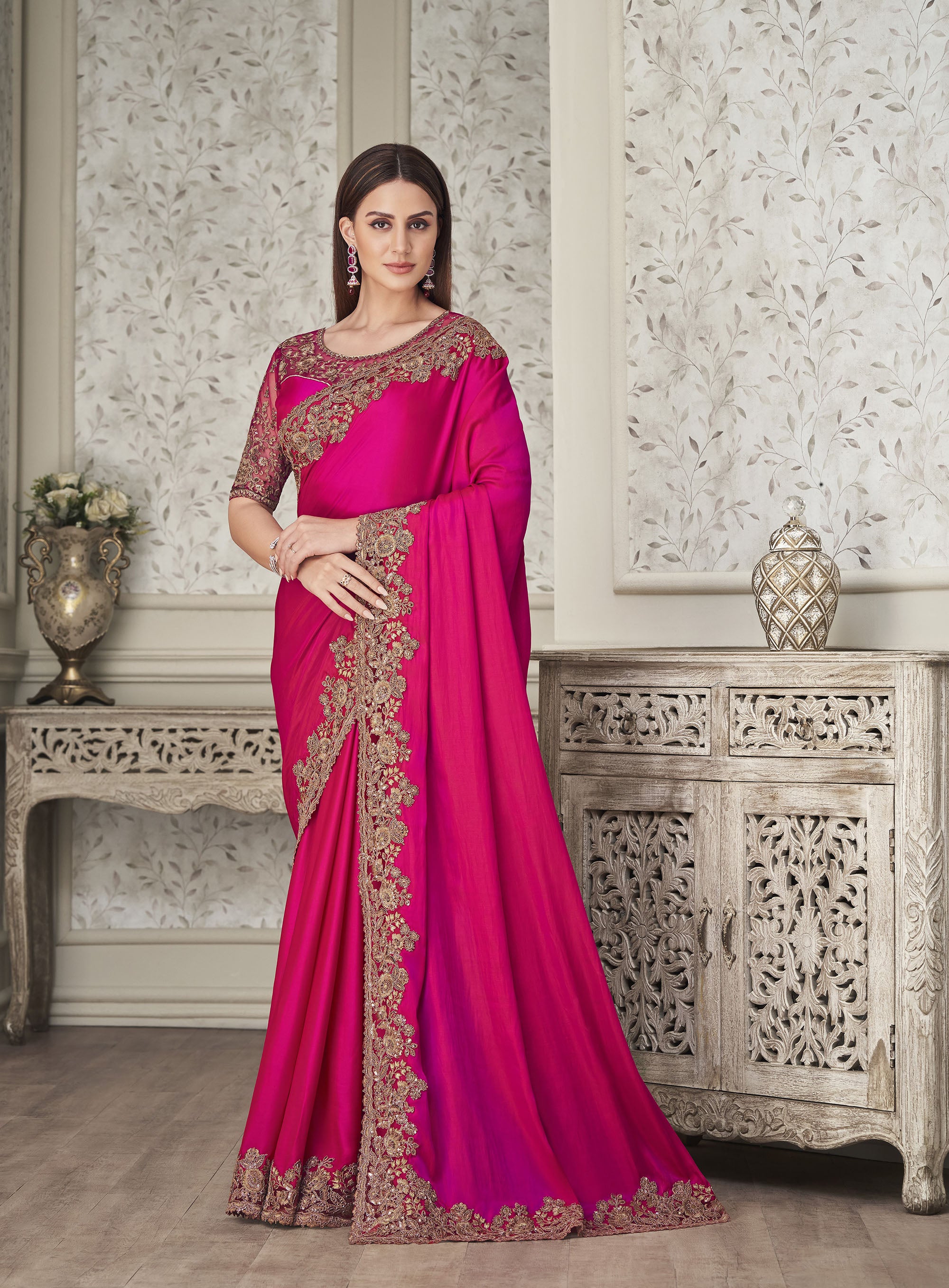 Satin Silk Embroidery Saree In Dark Pink Colour - SR4690704