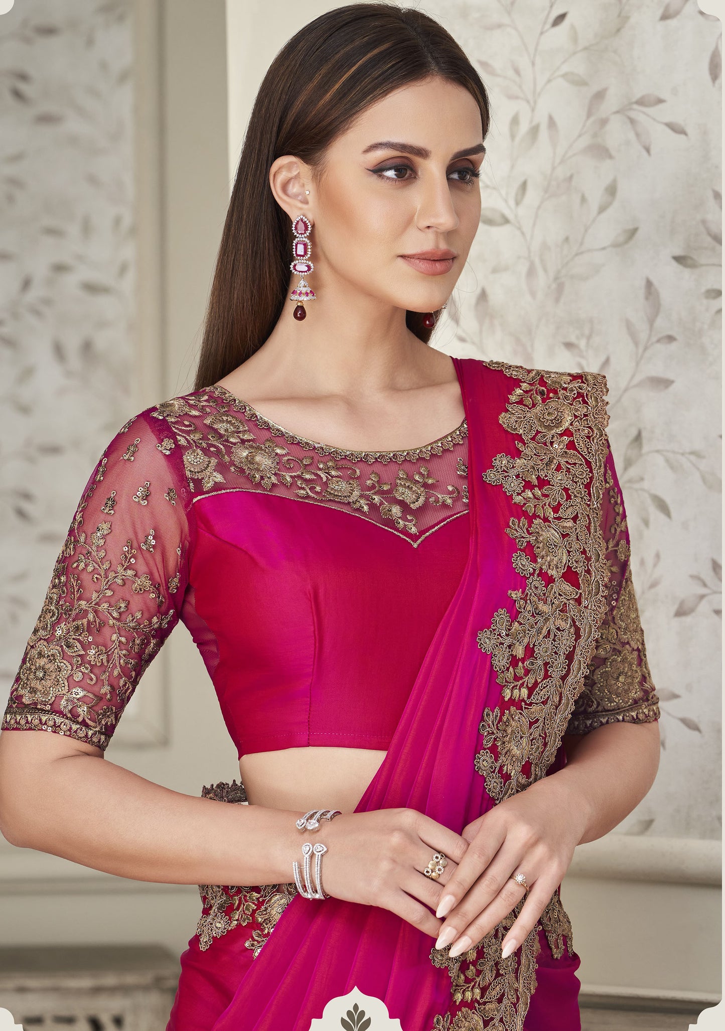 Dark Pink Color Resham Embroidered Satin Silk Saree