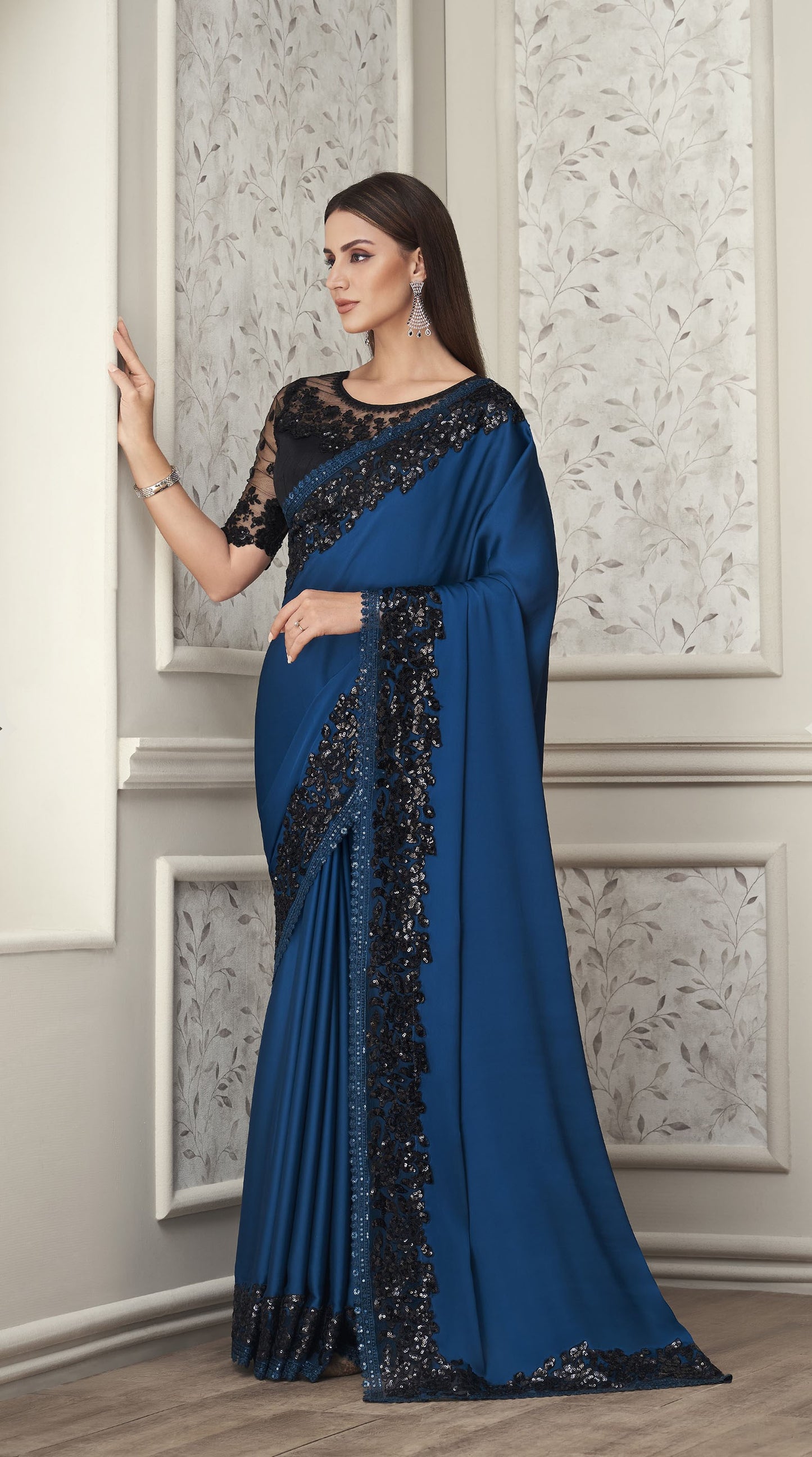 Blue Color Resham Embroidered Satin Silk Saree