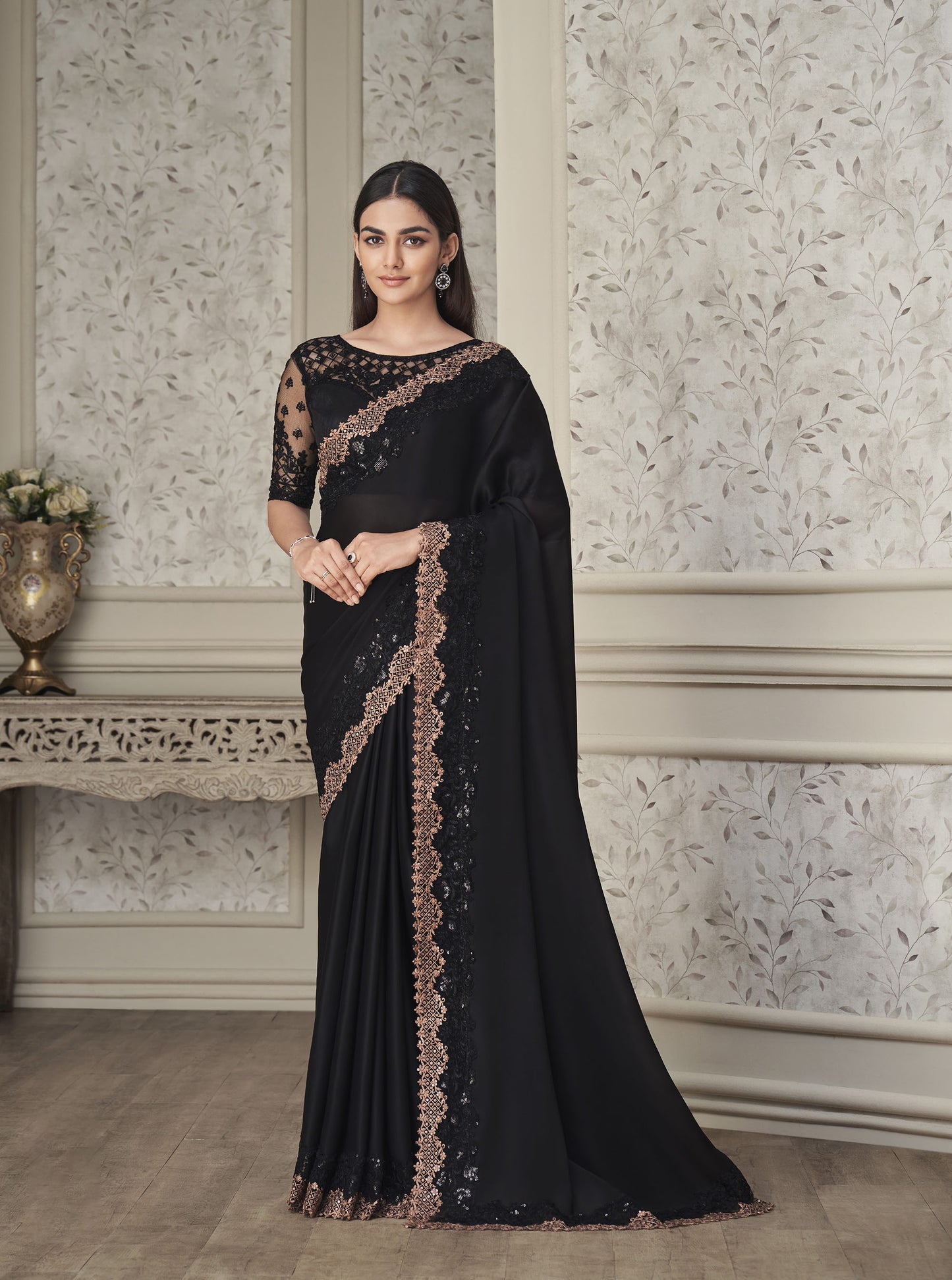 Black Color Resham Embroidered Satin Silk Saree