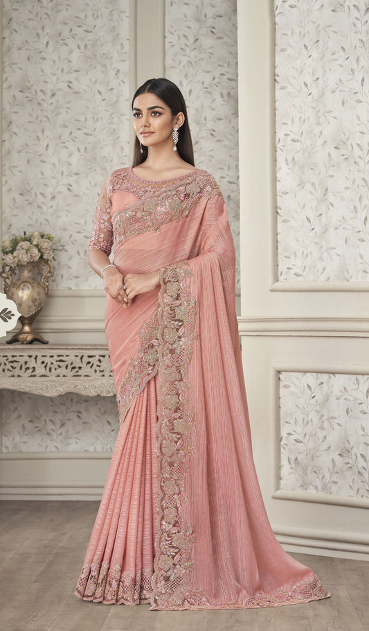 Peach Color Resham Embroidered Shimmer Georgette Saree