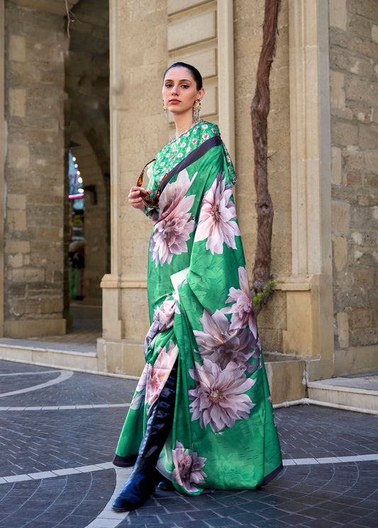 Green Floral Klora Satin Crepe Digital Print Saree