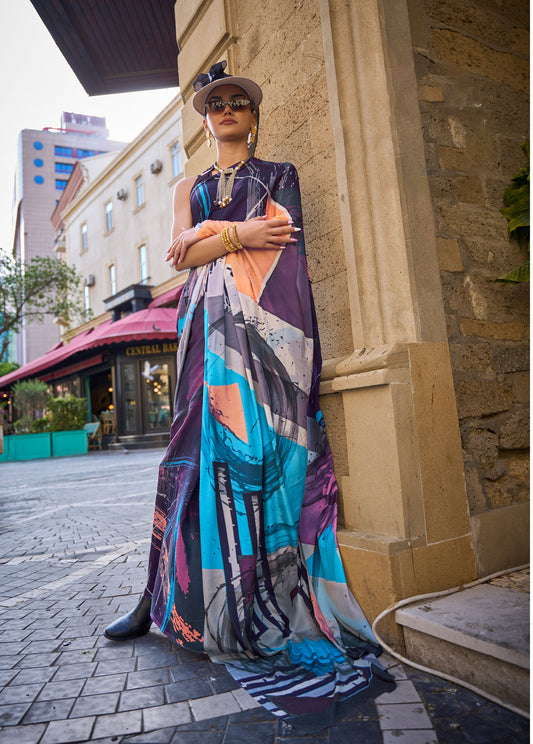 Purple Multi Color Krayon Pure Silk Crepe Print Saree