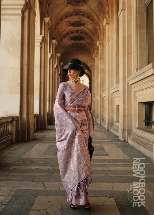 Lavender Kaasha Silk Gota Handloom Saree