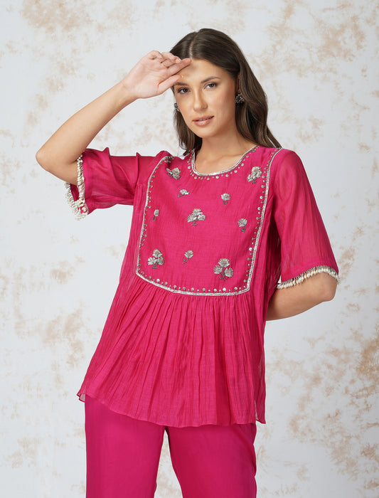 Antique Work Tiered Hot Pink Top Set