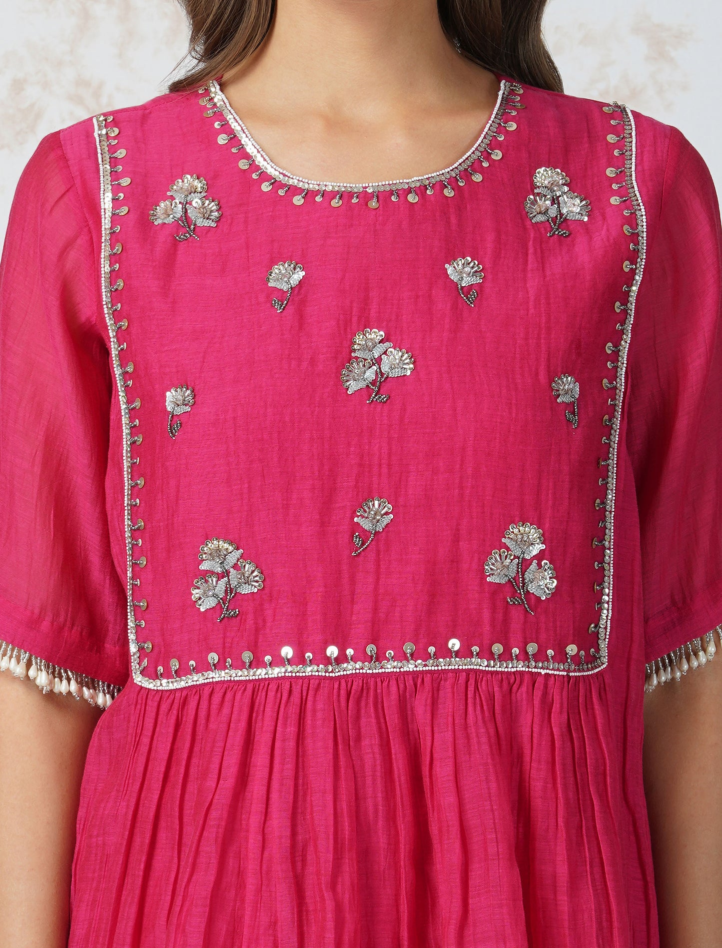 Antique Work Tiered Hot Pink Top Set