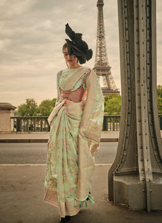 Mint Green Kalila Silk Kashmiri Organza handloom saree