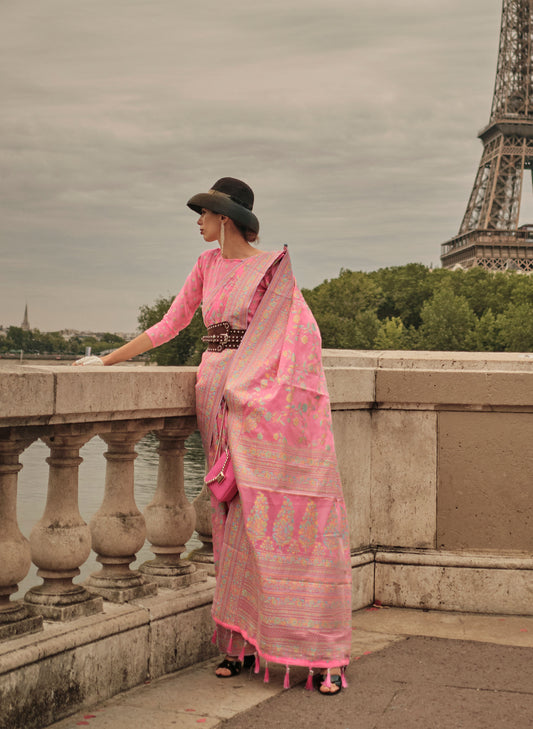 Pink Kalila Silk Kashmiri Organza handloom saree