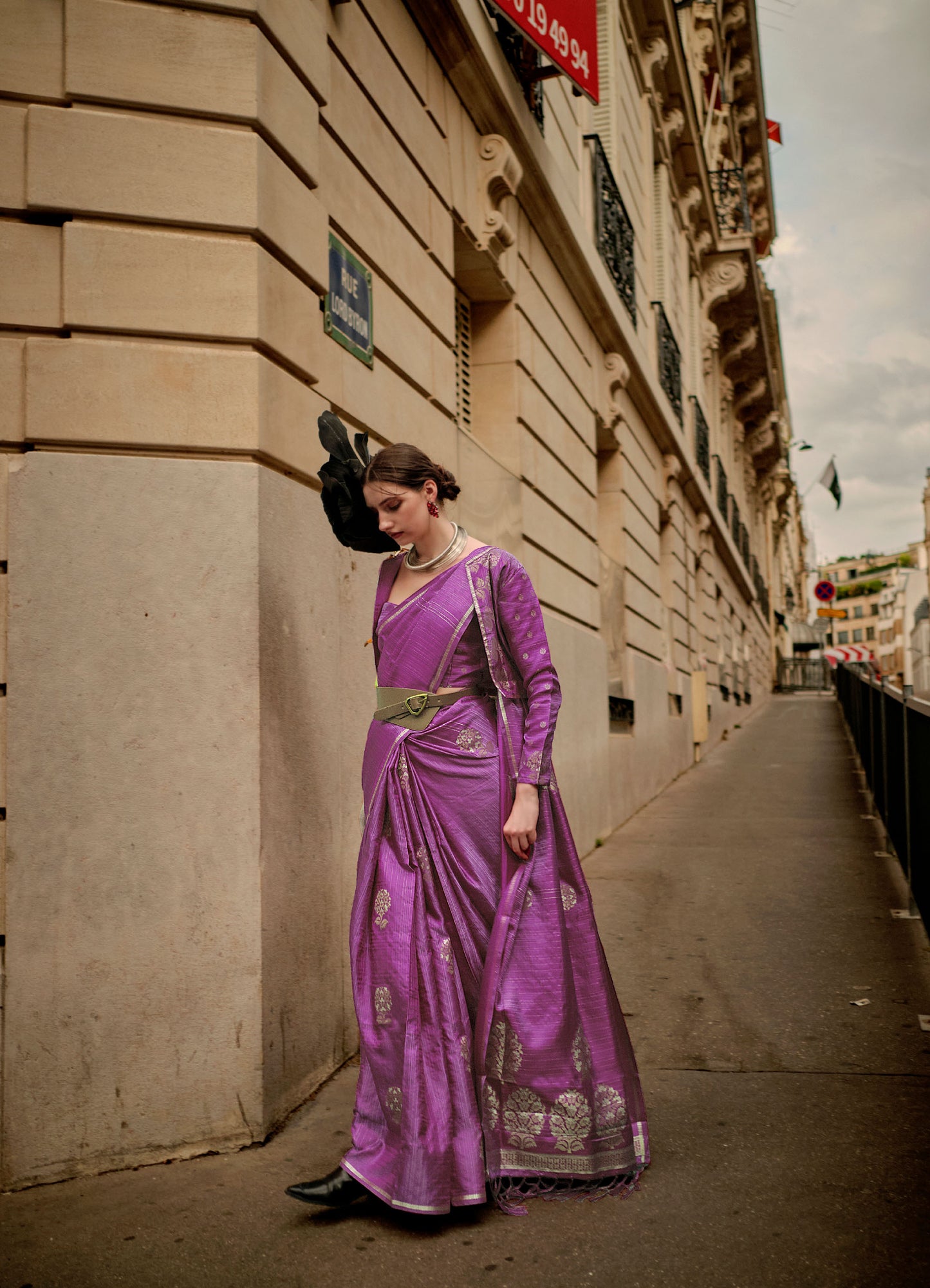 Purple Kronicle Pure Satin Zari Handloom Saree