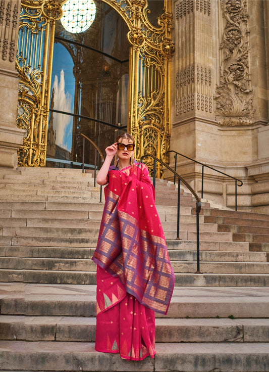 Red Blue Khwaab Handloom Khadi Silk Saree