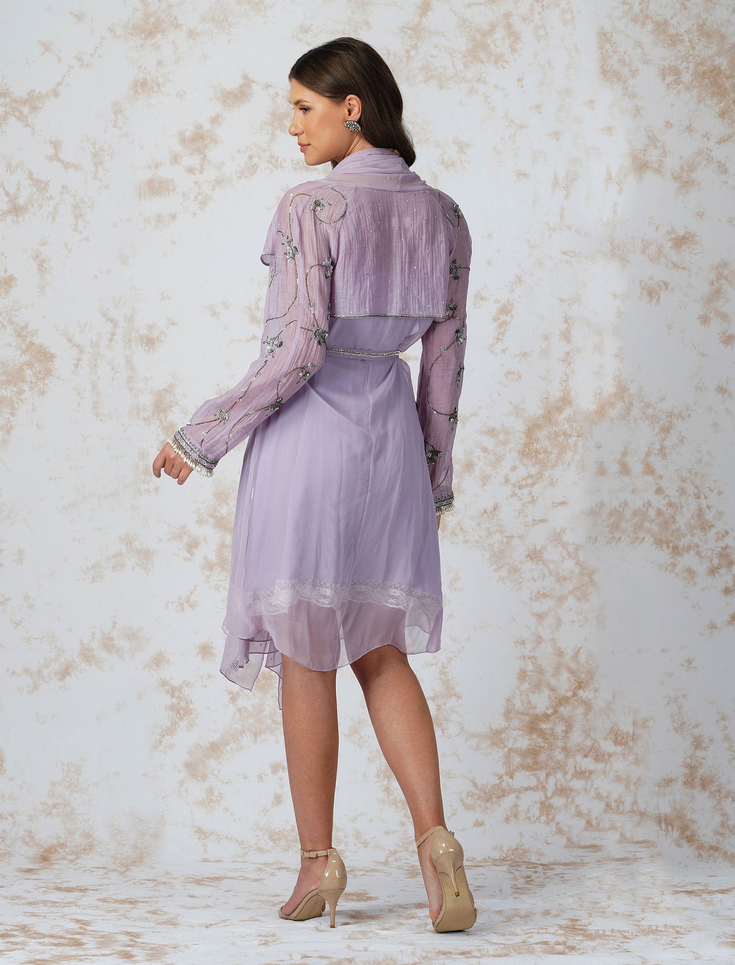 Lavender Antique Work Belted Dress