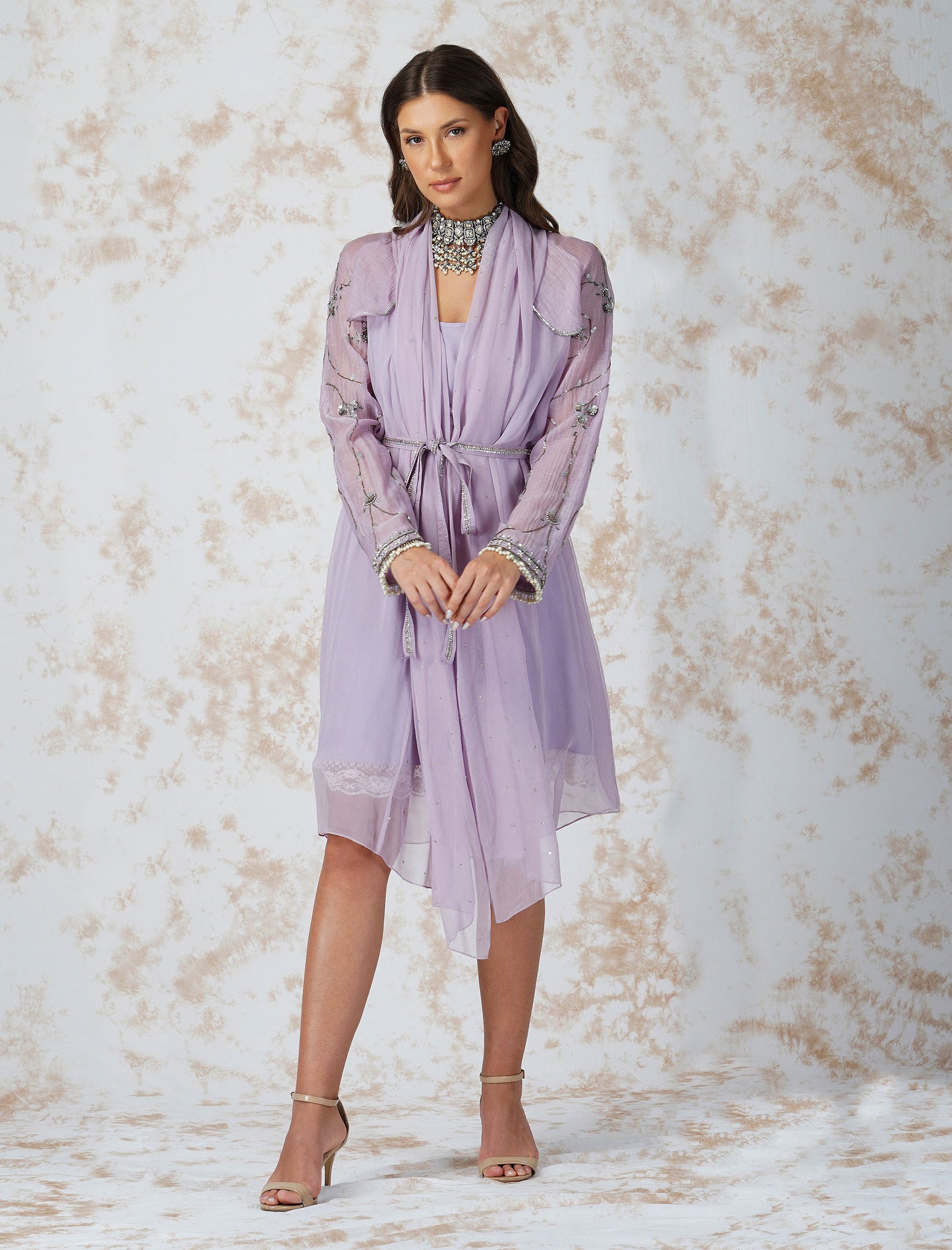 Lavender Antique Work Belted Dress