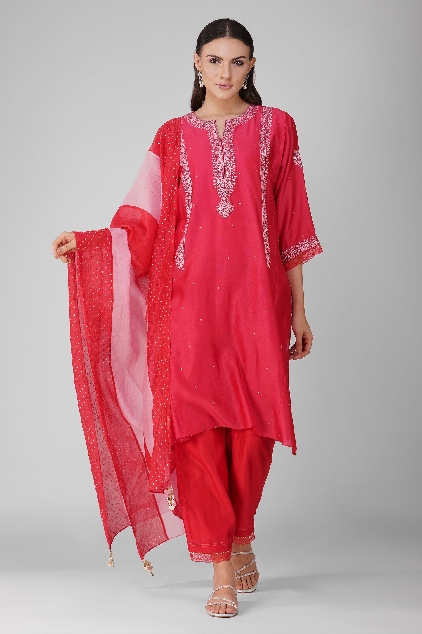 Flower Border Kalidar Kurta Set-Red