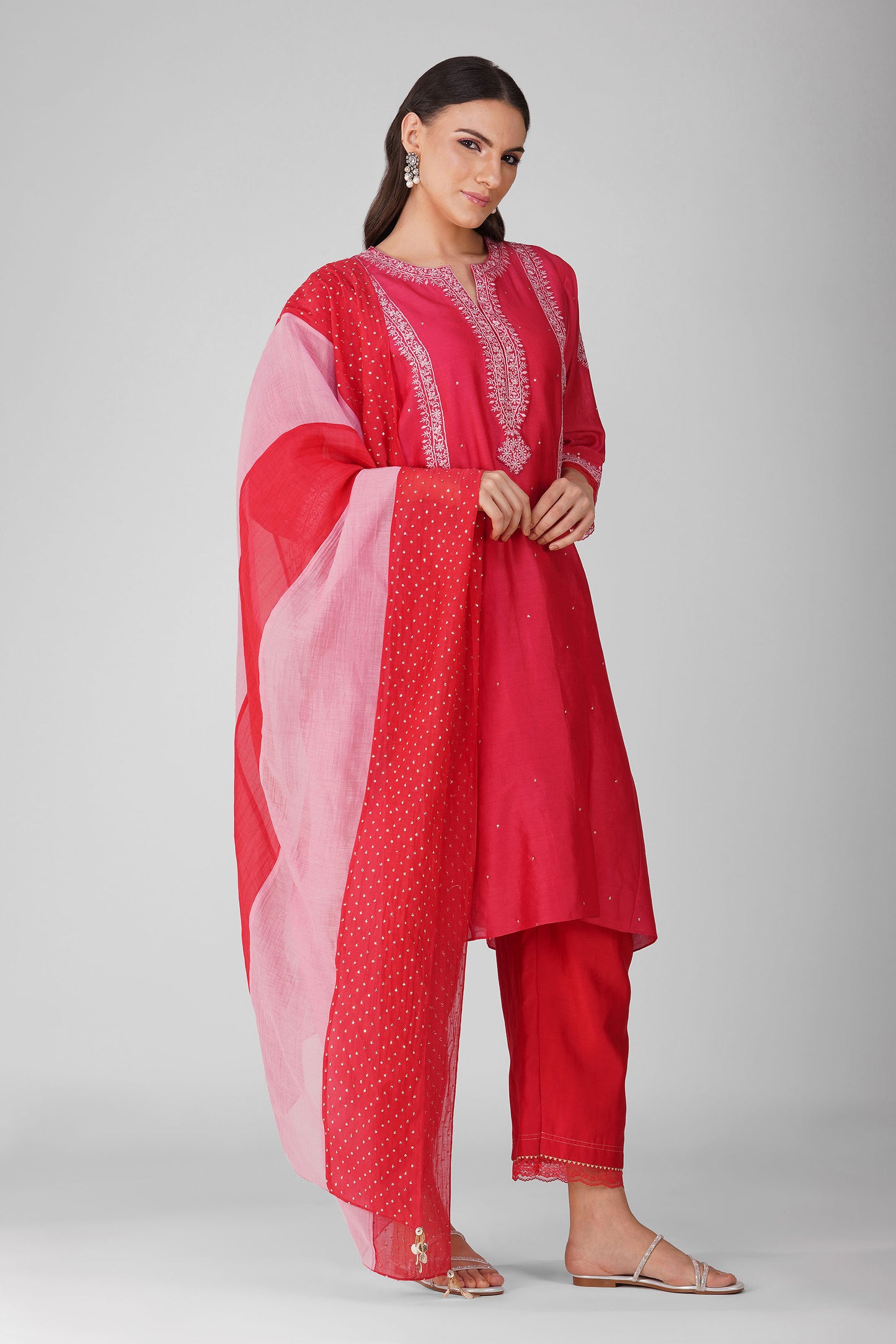 Flower Border Kalidar Kurta Set-Red