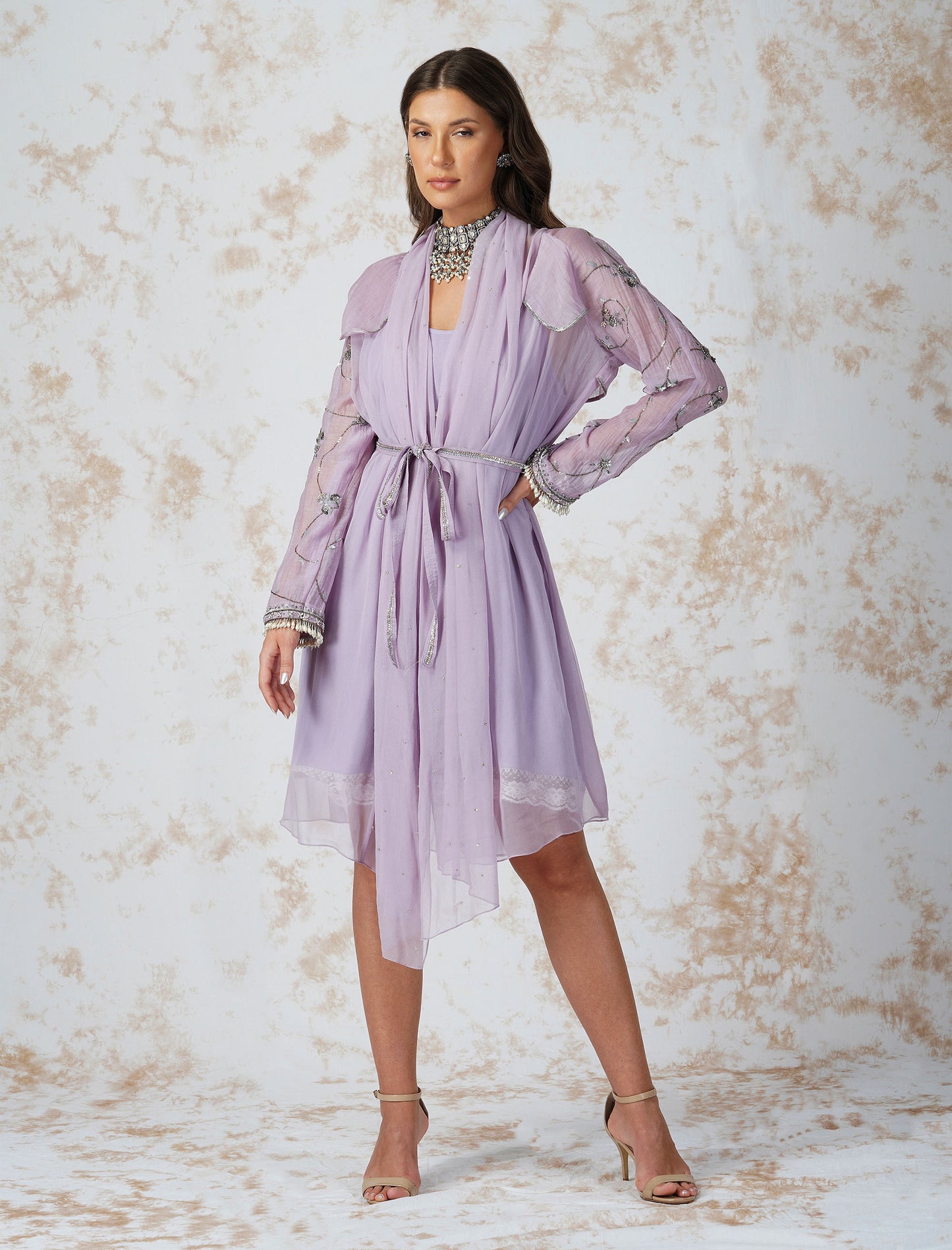 Lavender Antique Work Belted Dress