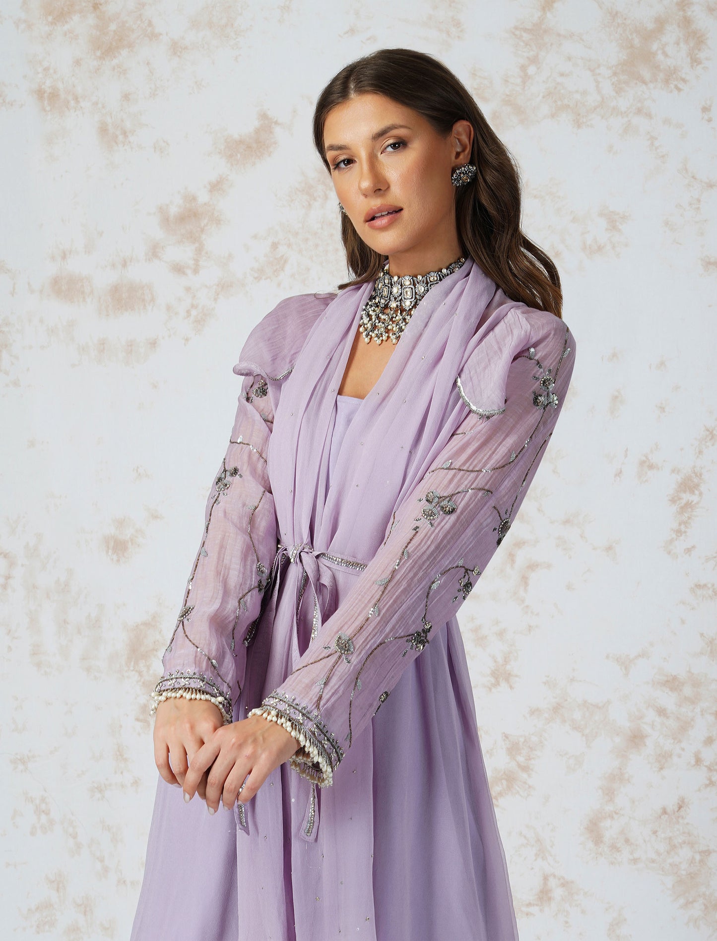 Lavender Antique Work Belted Dress