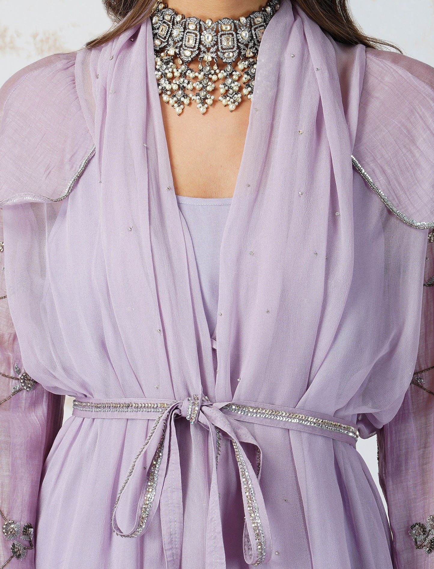 Lavender Antique Work Belted Dress