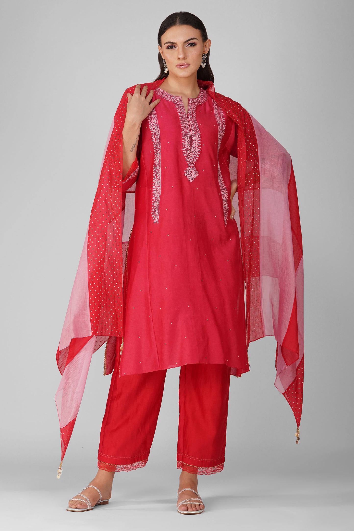 Flower Border Kalidar Kurta Set-Red