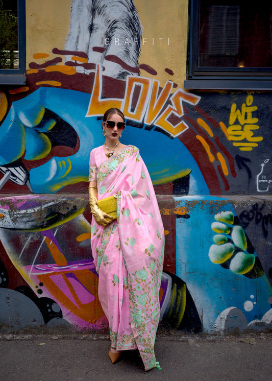 Pink Krafitti Parsi weave handloom Silk Saree