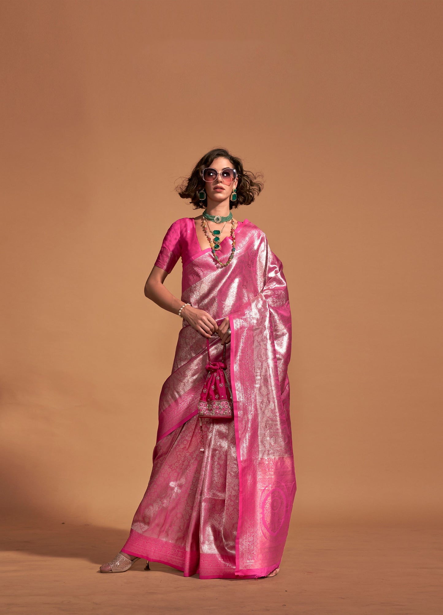 Pink Kanjeepuram Silk Handwoven Mohi Saree