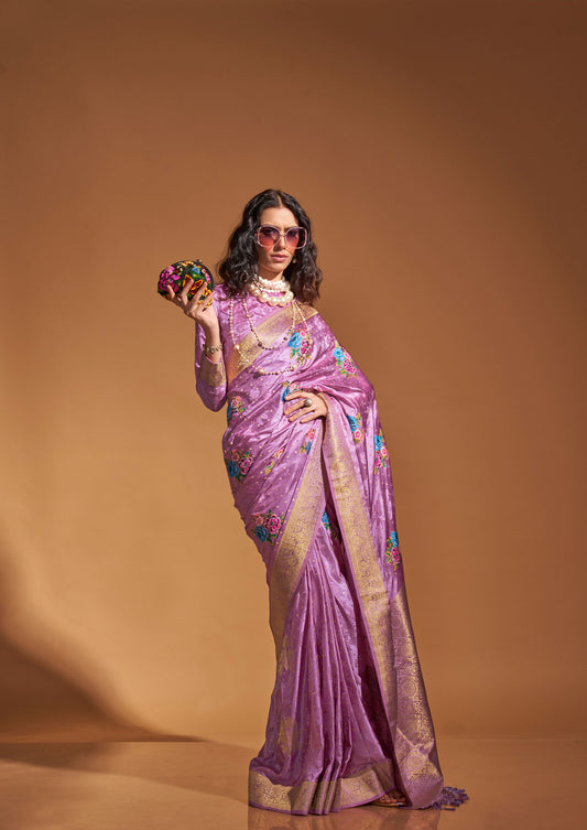 Lavender Khalissi Silk Satin Handloom Saree