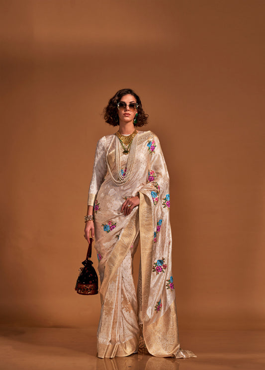 Cream Khalissi Silk Satin Handloom Saree