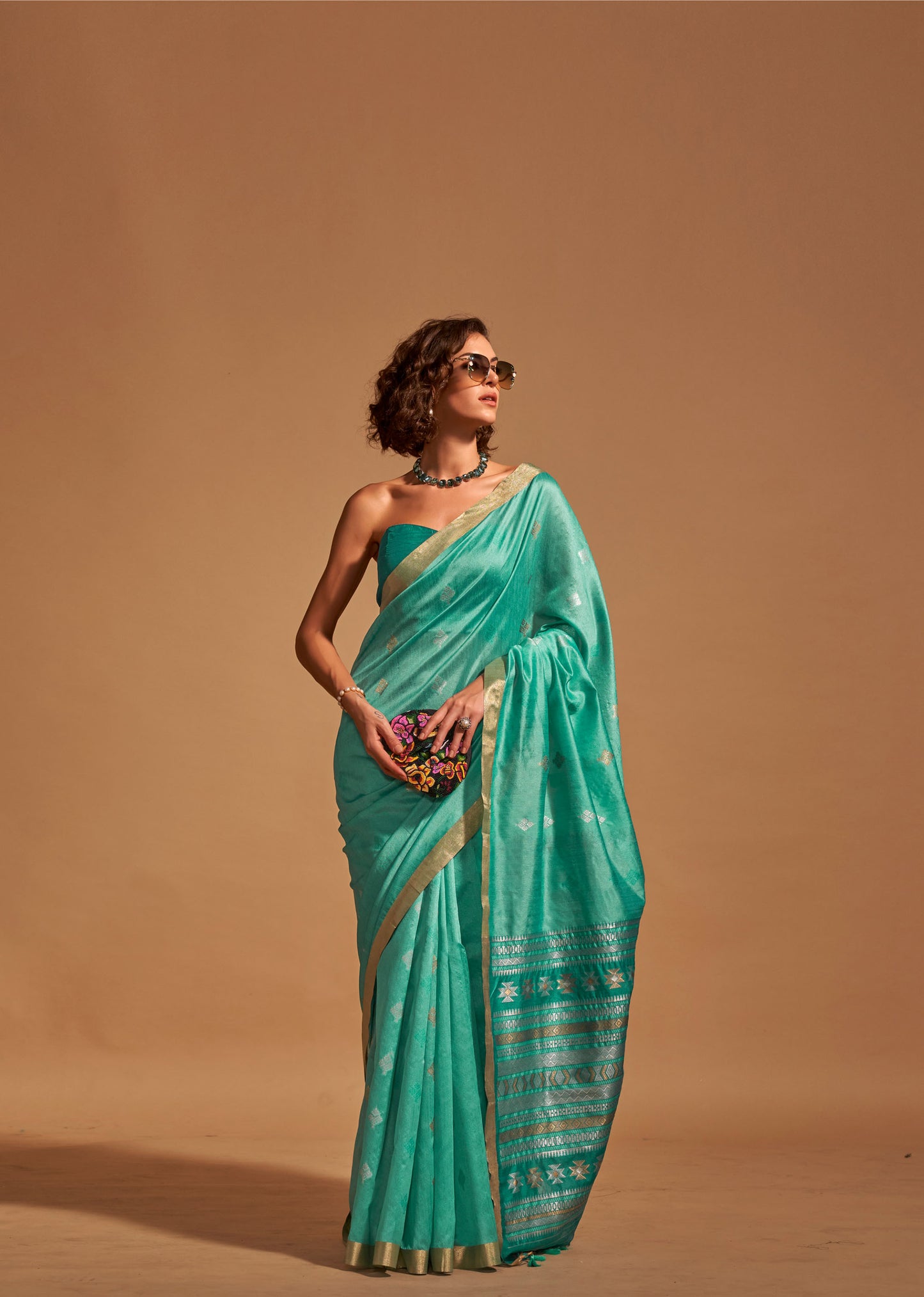 Turquoise Kanoi Silk Handloom Saree