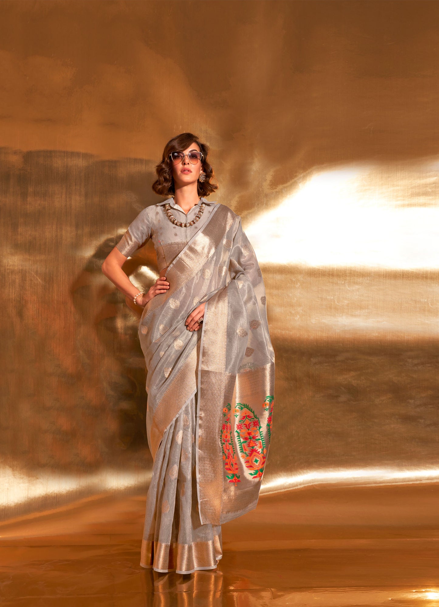 Grey Korra Tissue Paithani Zari Saree