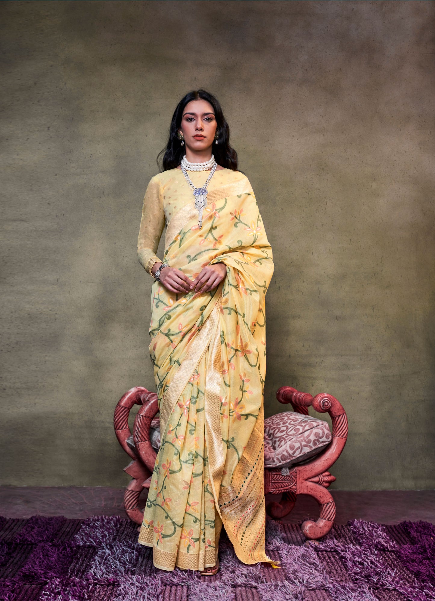 Yellow Kamdani Handwoven Jamdani Spun Saree