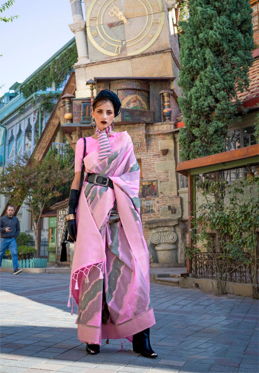 Pink Kimbus Katan Silk Rangkaat Handloom Saree