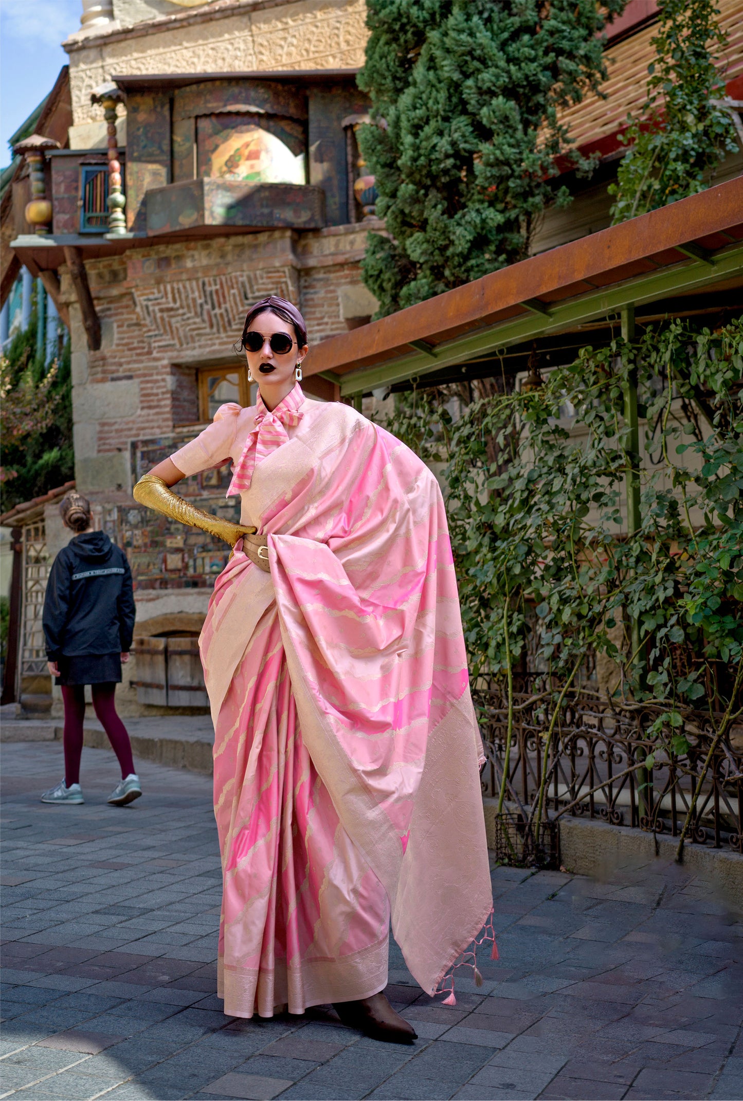 Pink Kimbus Katan Silk Rangkaat Modern Handloom Saree