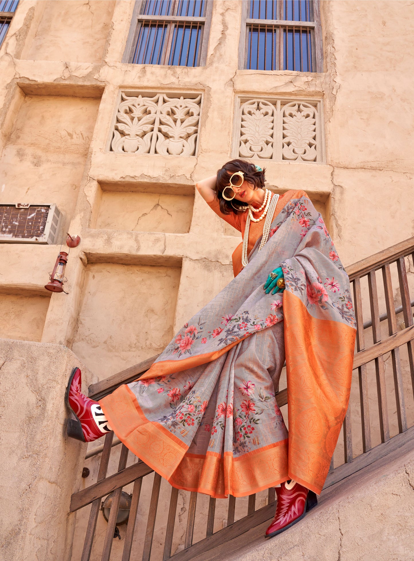 Grey Orange Kuro Georgette Printed Handloom Saree