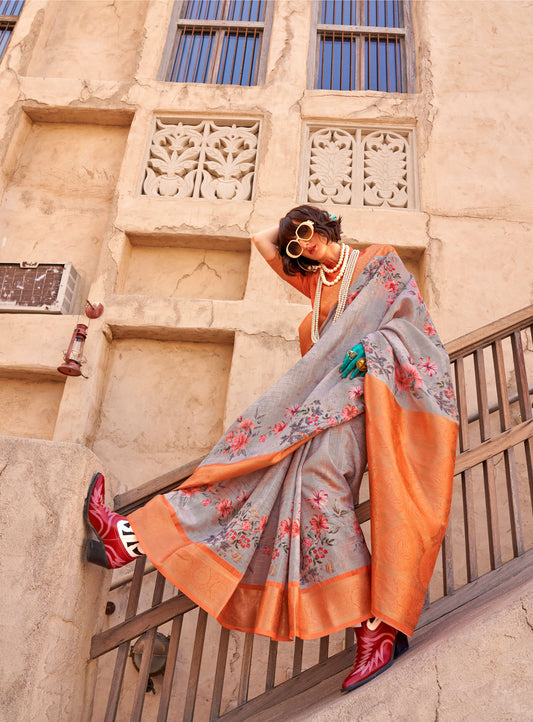 Grey Orange Kuro Georgette Printed Handloom Saree