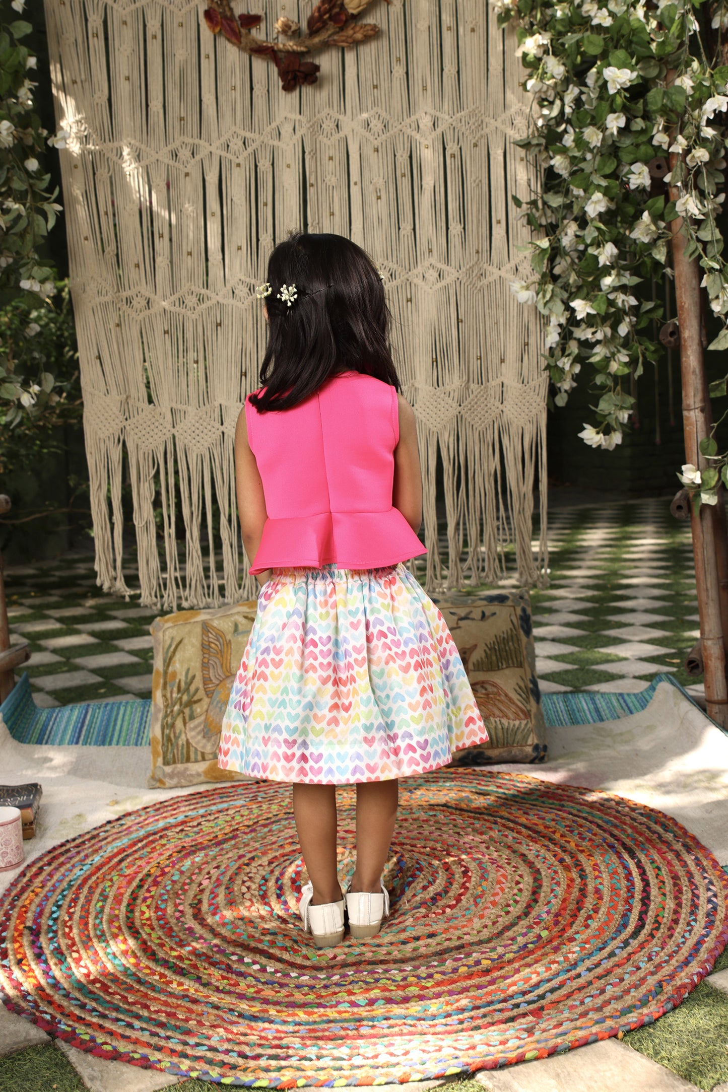 Pink Lycra Top with Printed Skirt