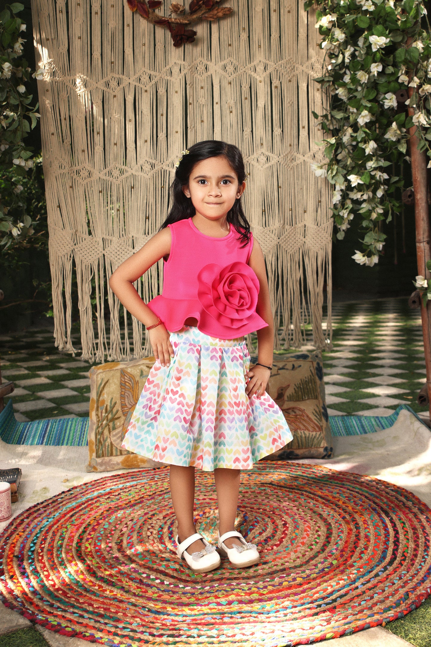 Pink Lycra Top with Printed Skirt