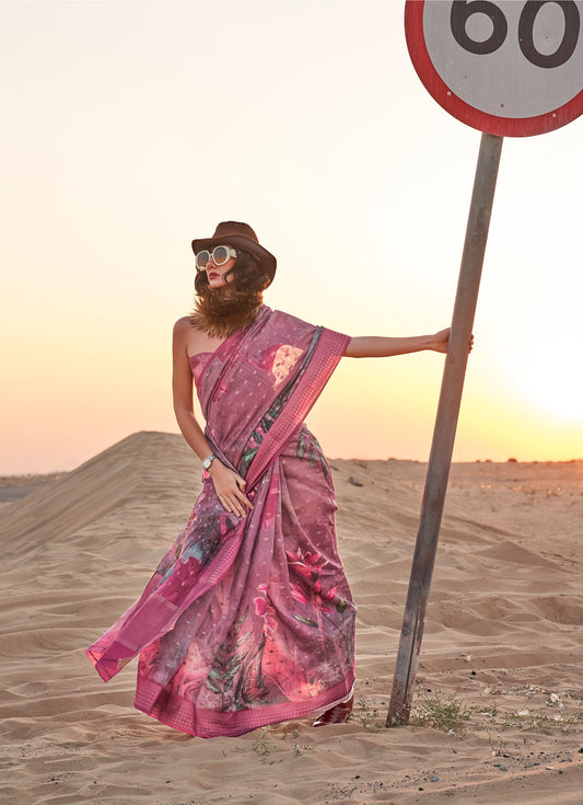 Dark Lavender Kaffyn Printed Linen Handloom Saree