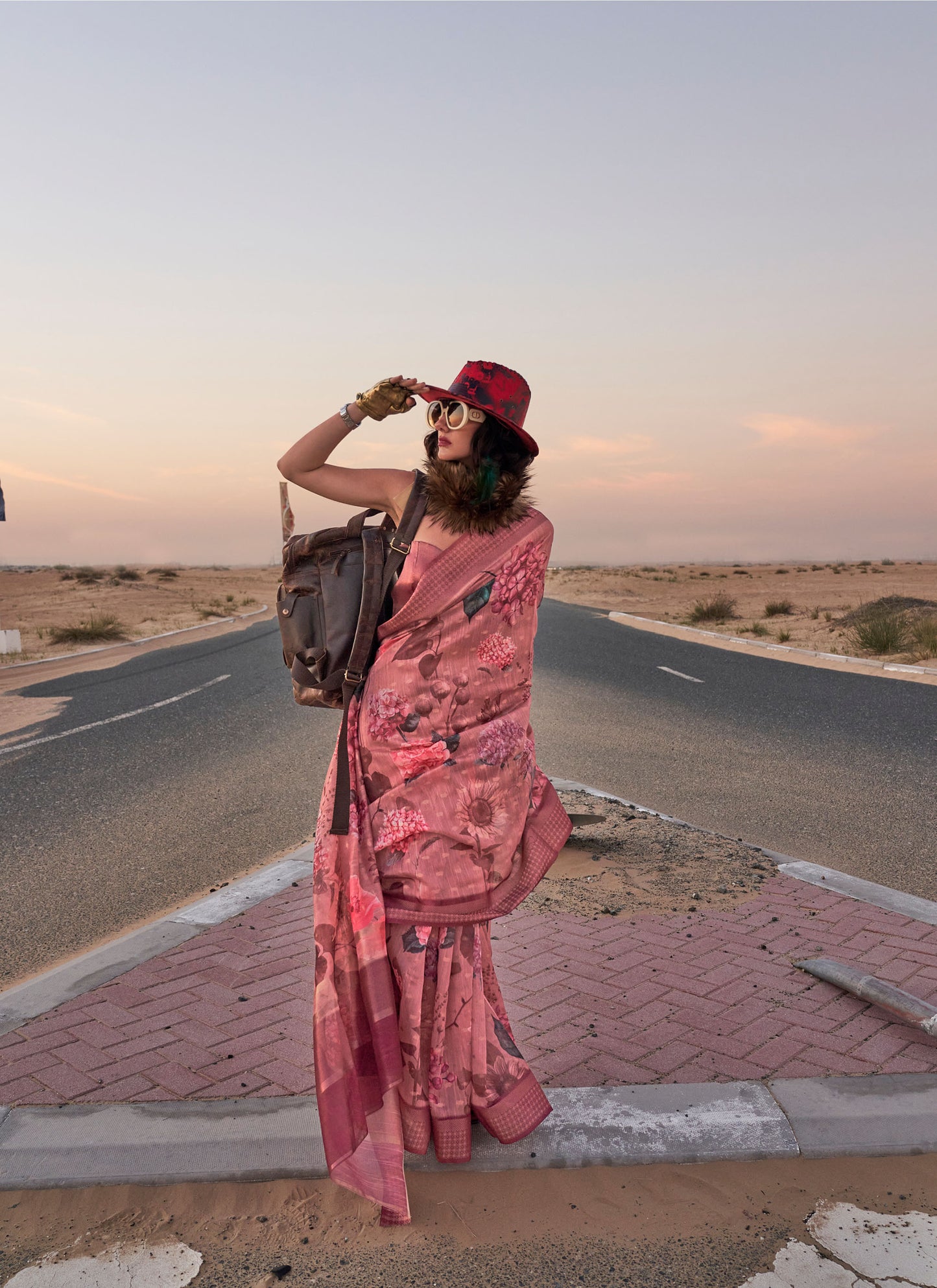 Dark Pink Kaffyn Printed Linen Handloom Saree