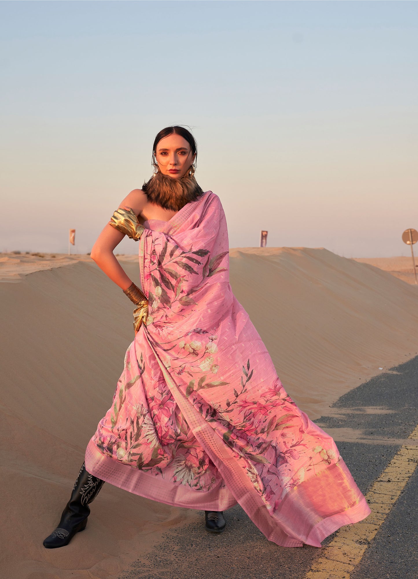 Pink Kaffyn Printed Linen Handloom Saree