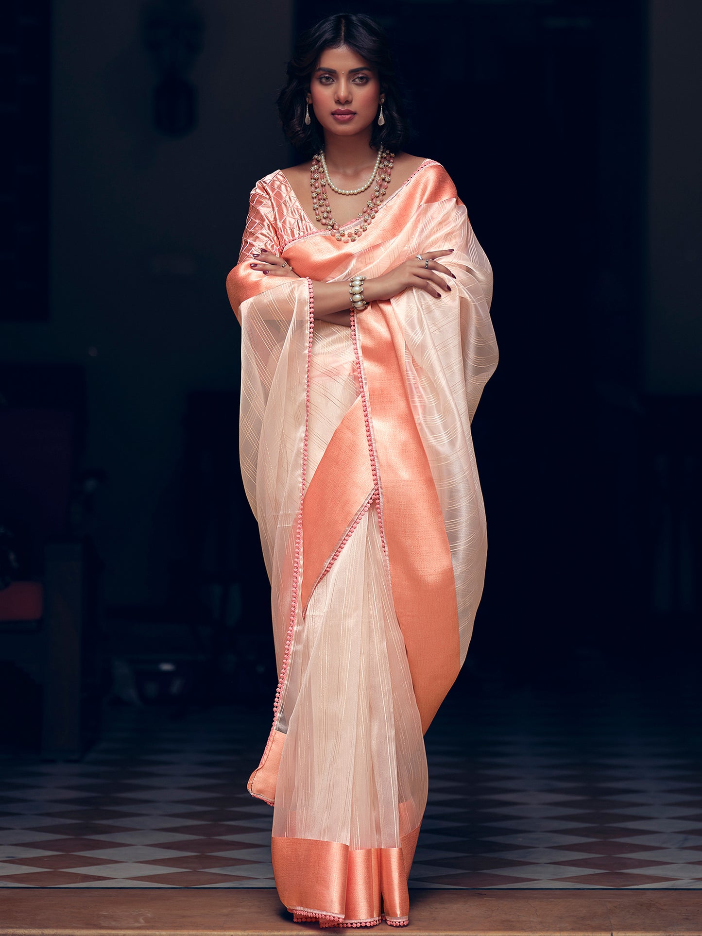 Peach Organza Woven Style Saree