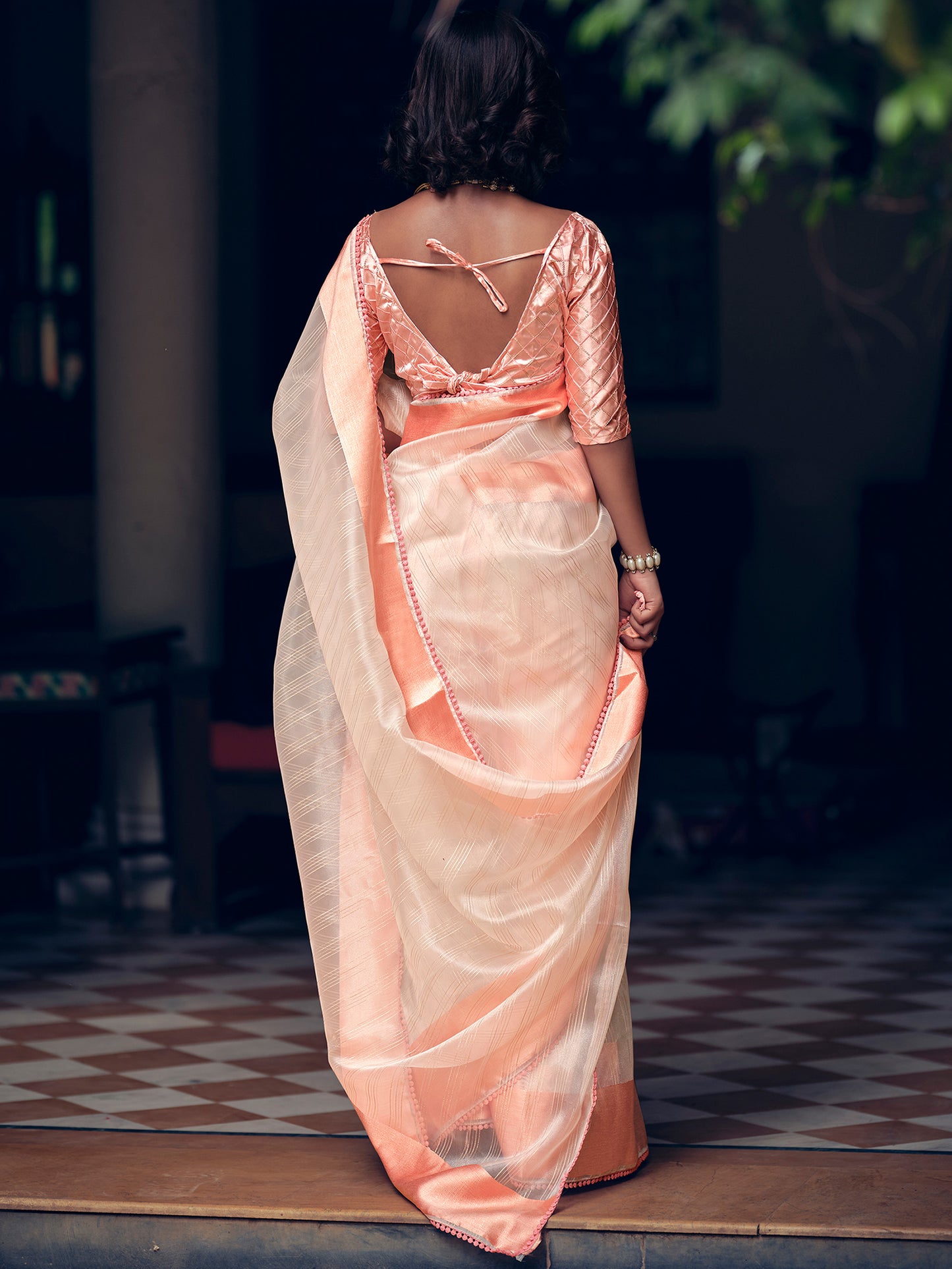 Peach Organza Woven Style Saree