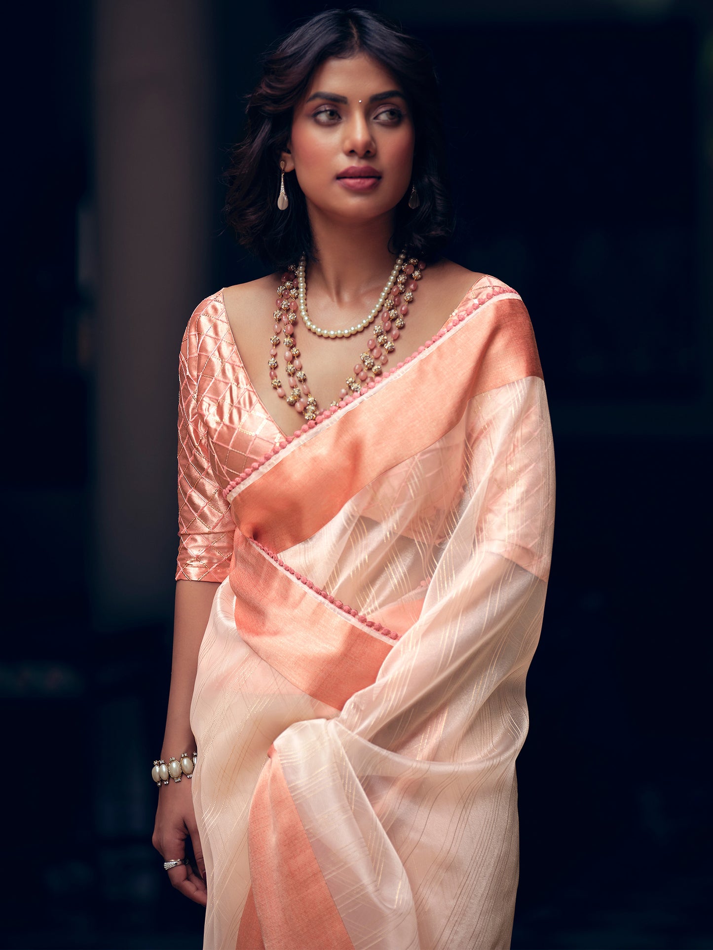 Peach Organza Woven Style Saree