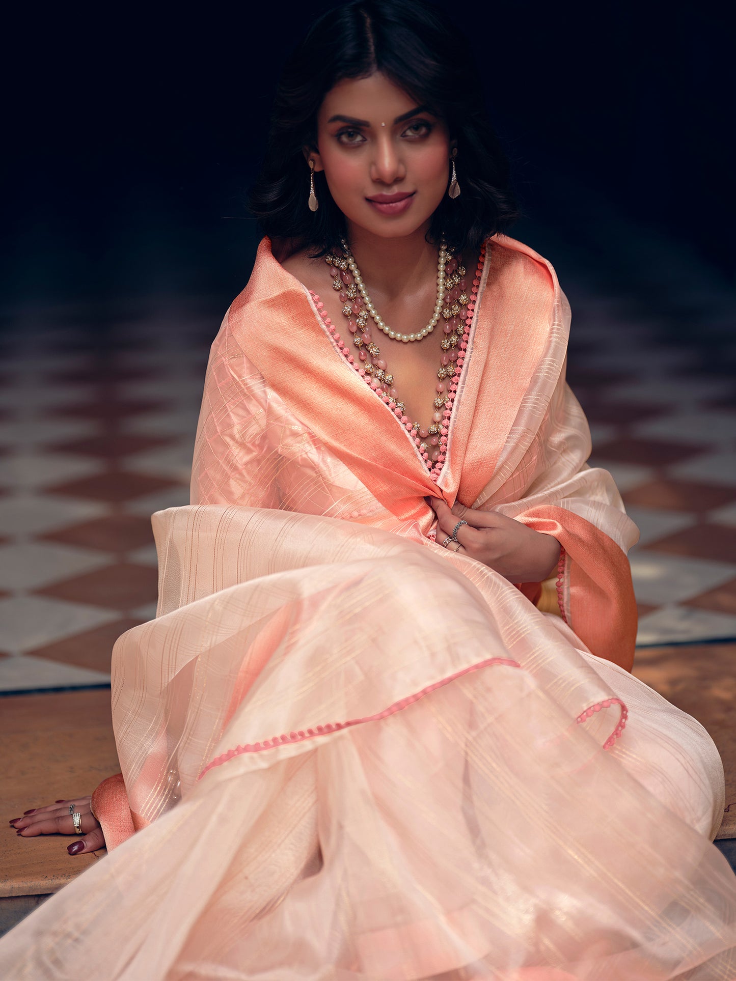 Peach Organza Woven Style Saree