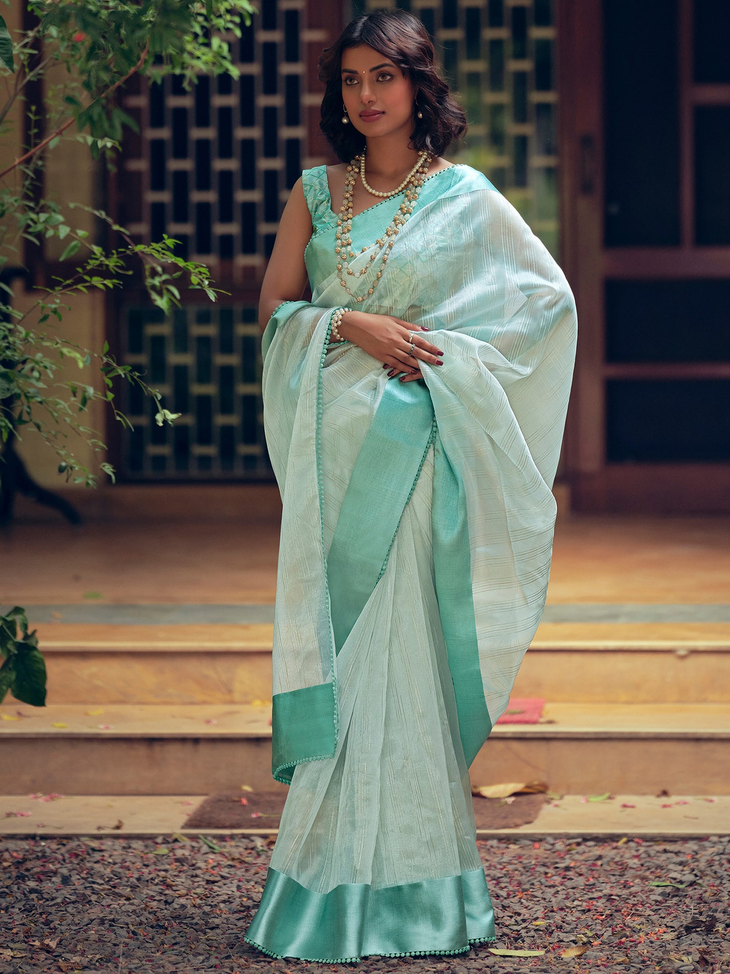 Sky Blue Organza Woven Style Saree