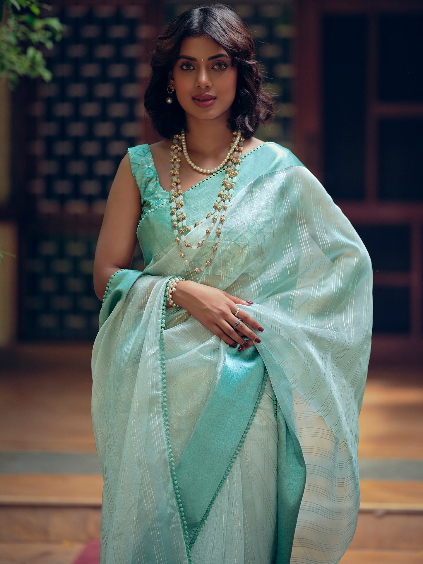 Sky Blue Organza Woven Style Saree