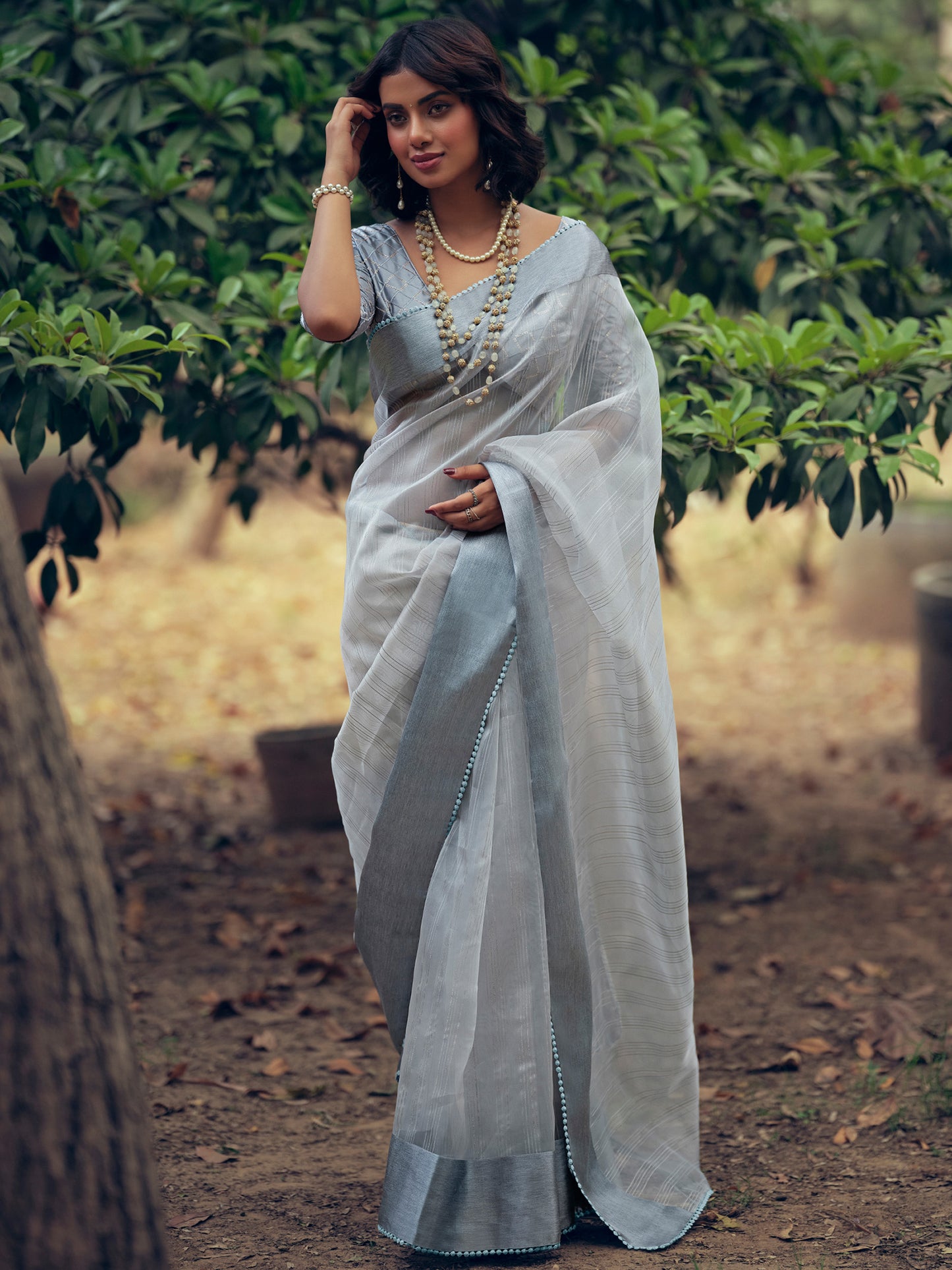 Grey Organza Woven Saree