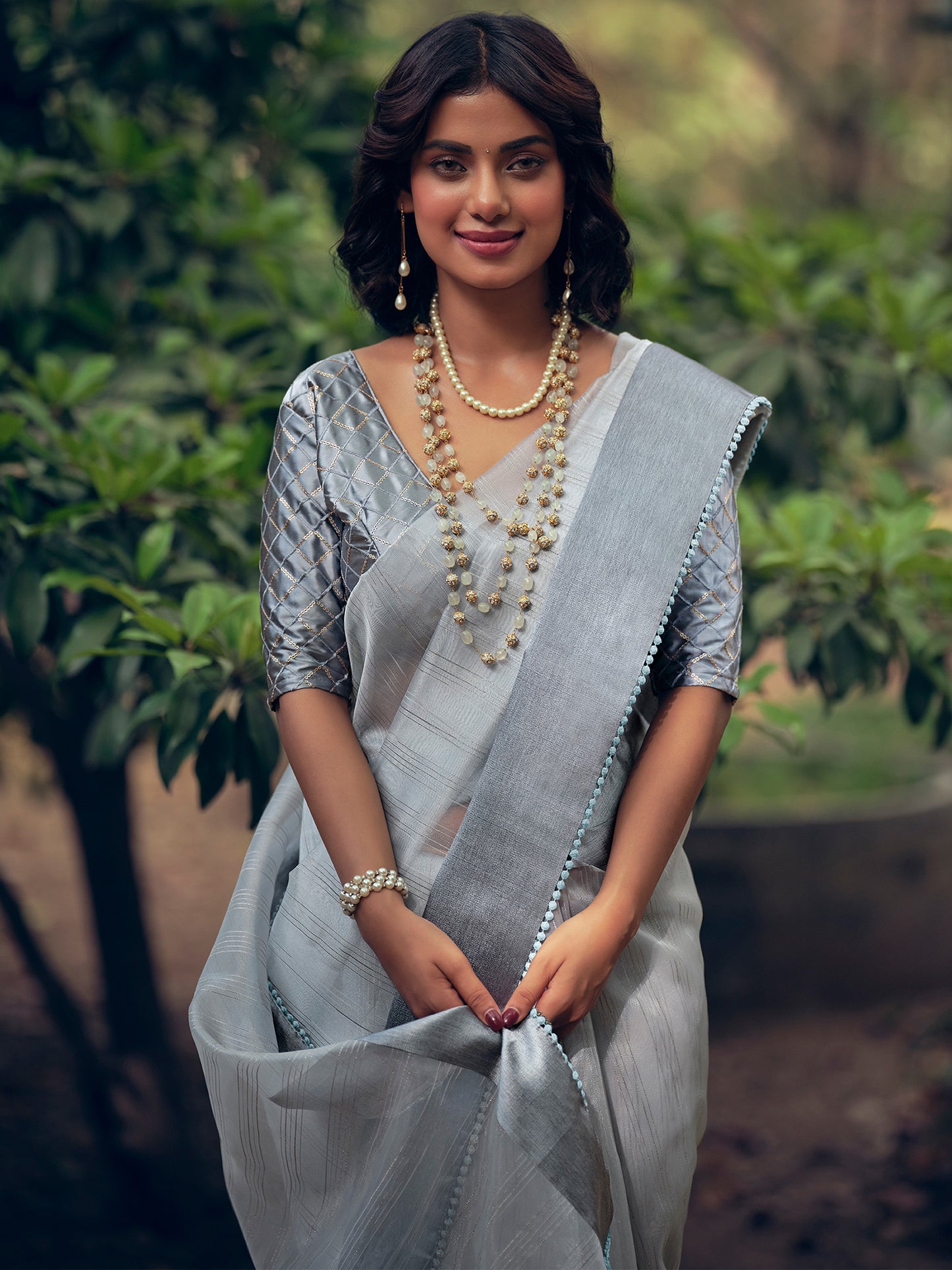 Grey Organza Woven Saree