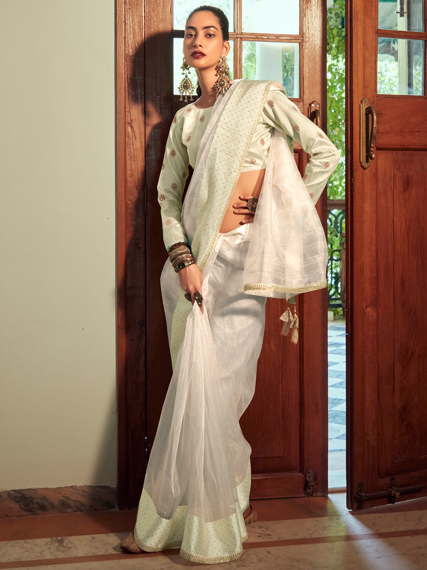 Cream Organza Woven Style Saree