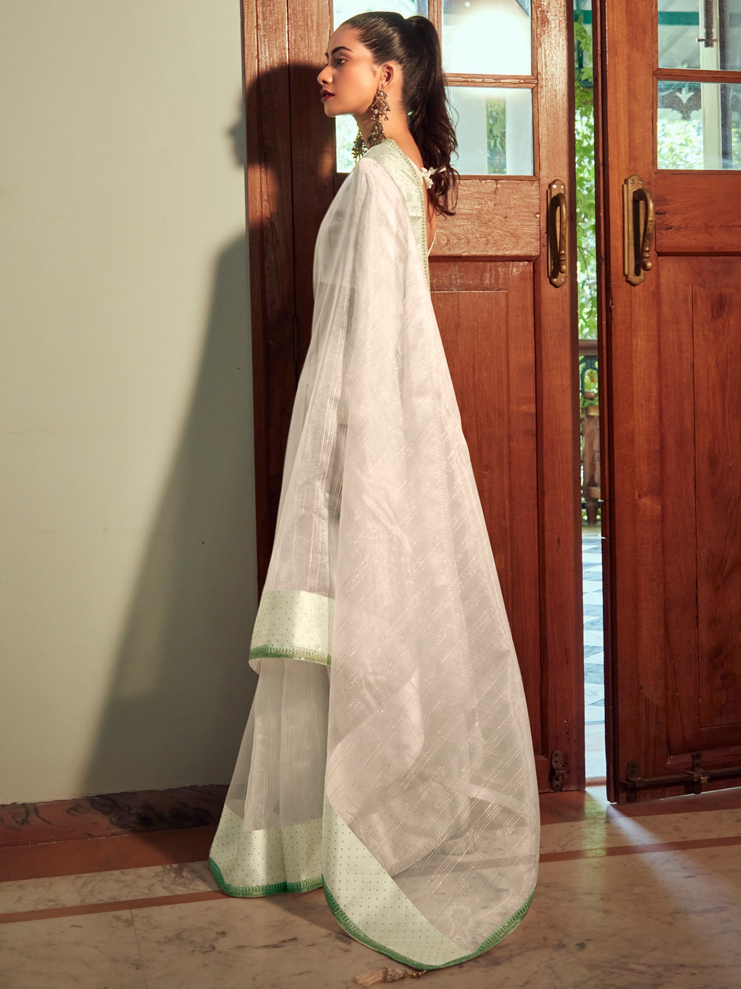 Cream Organza Woven Style Saree